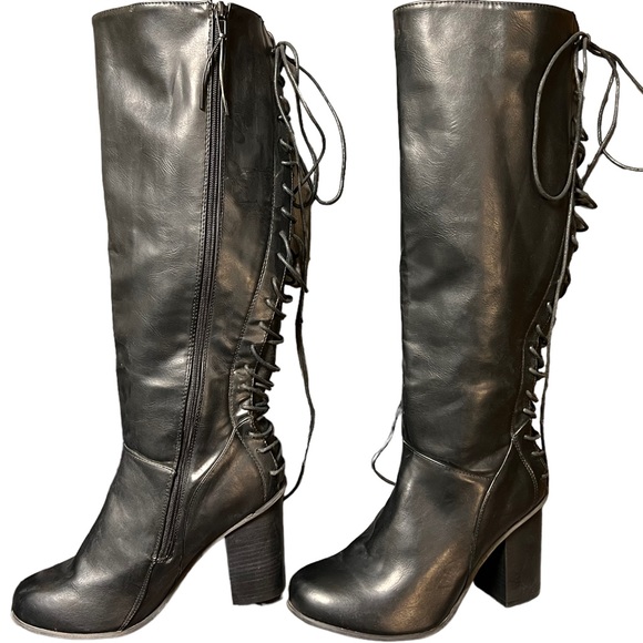 torrid Shoes - TORRID Womens Black Side Zip Lace Up Knee High Wide Calf Boots Block Heel 9.5W